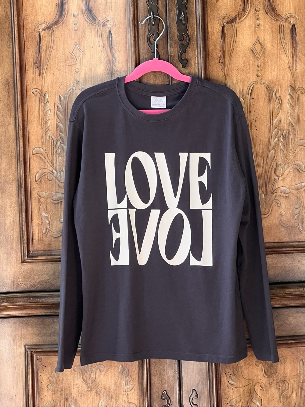 NWOT Zara Girls Charcoal Black Long-Sleeve Tee White LOVE Graphic 11/12 10/1